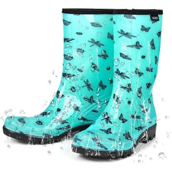 Women's Green Butterfly Lightweight Fashion Wide Calf Waterproof Rain Boots - Picture 6 of 6
